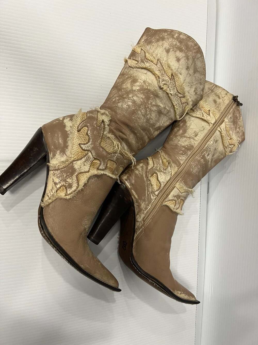 Vintage Italian Distressed Leather and Burlap Western Boots - Picture 2 of 6